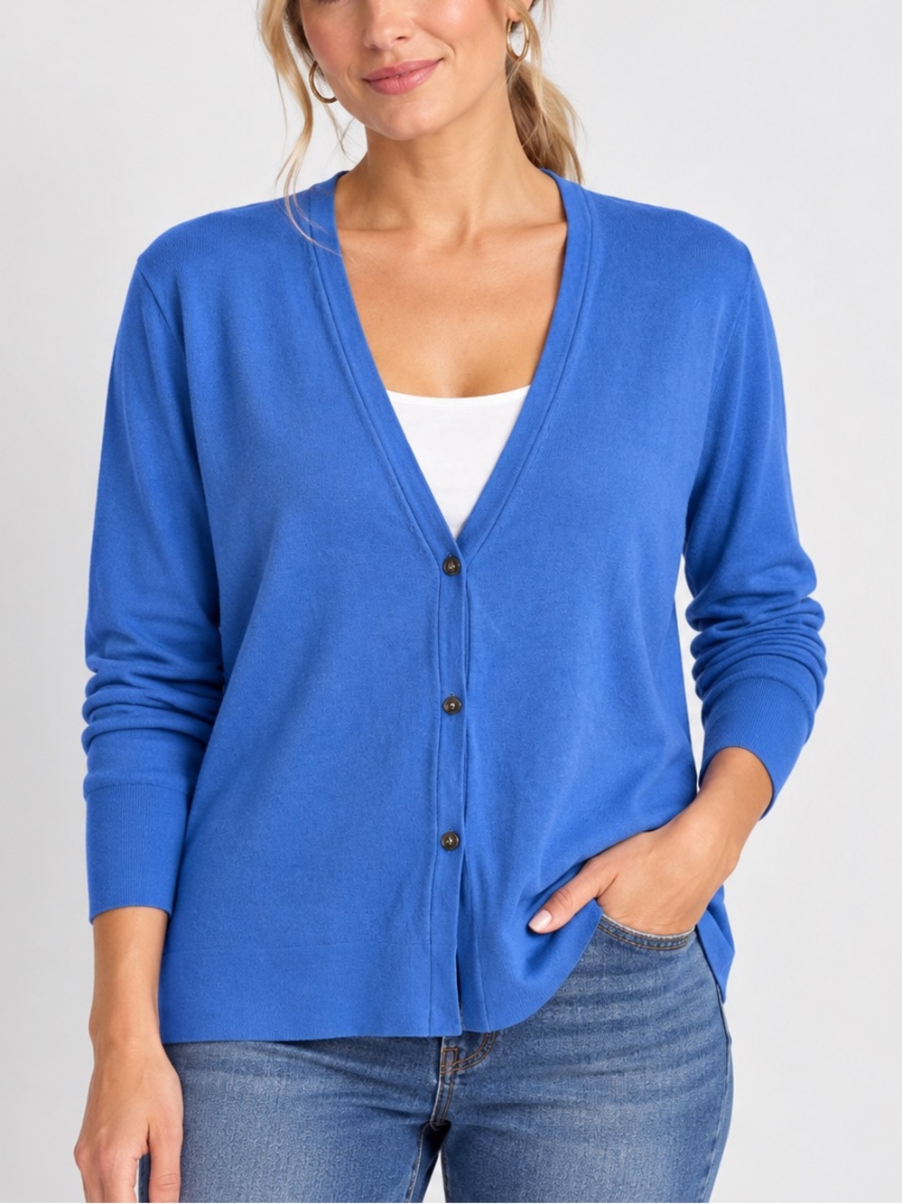 J Jill Blue V-Neck Organic Cotton Button Front Sweater Cardigan Size Large